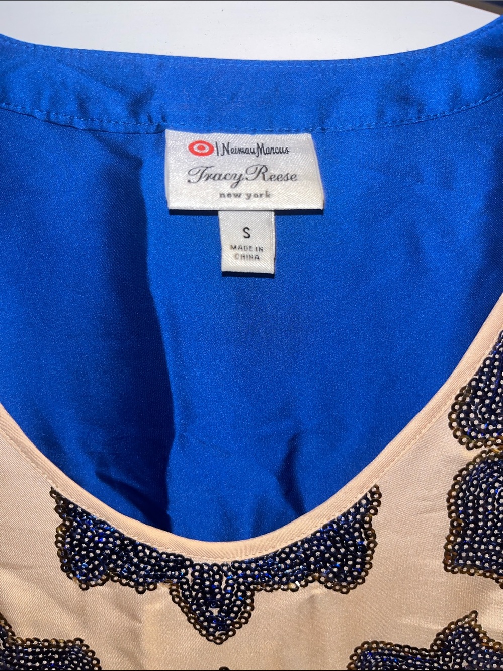 Tracy Reese Beaded Scoop Neck Blouse - Royal Blue & Cream